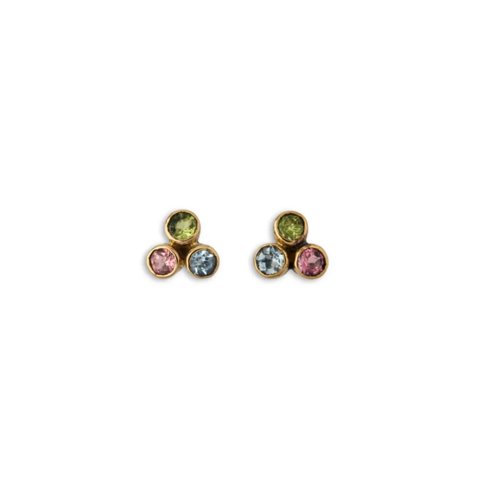 By Birdie – Olivia ørepynt med rosa turmalin, grønn peridot og aquamarin