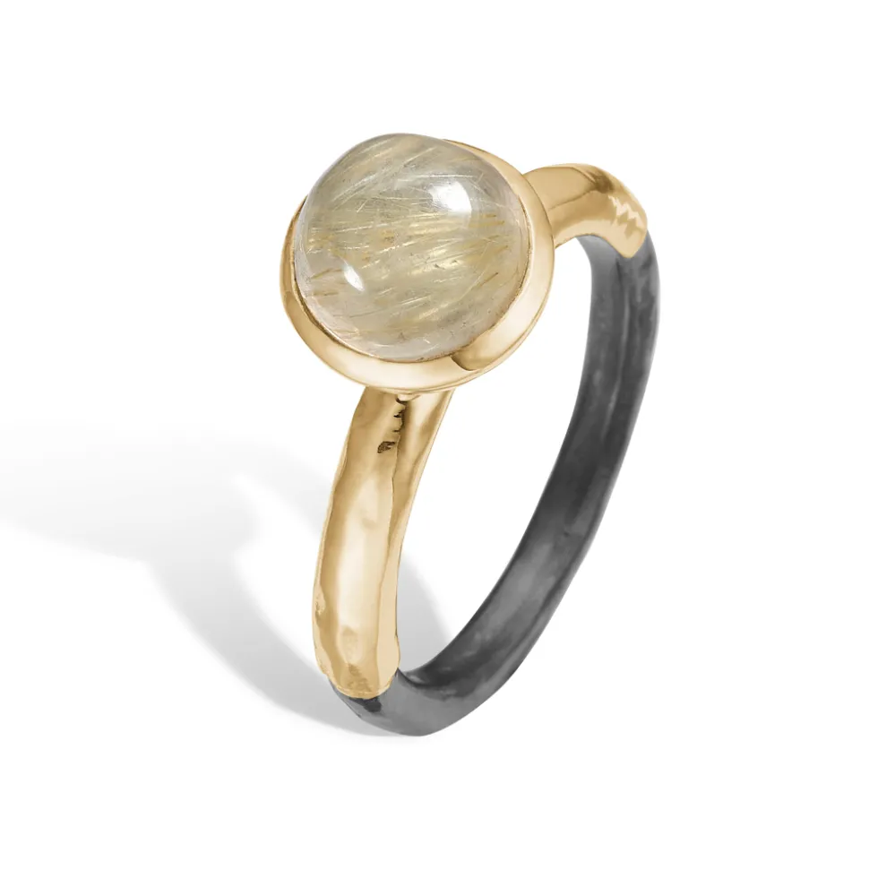 ByBirdie – Ring Victoria Rose Rutil kvarts 8 mm- 14k gult gull og 925 sort rhodinert sølv