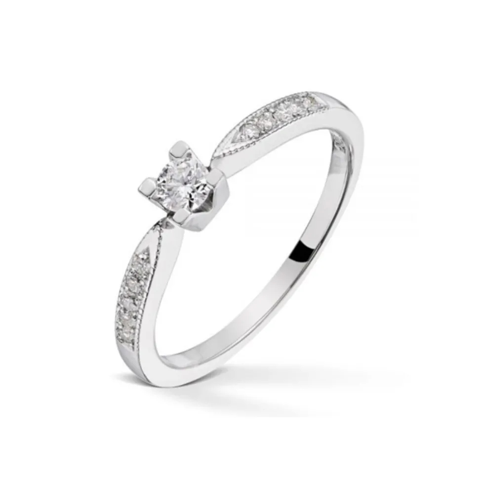 Diamonds by Frisenberg – Hvitt gull 14K ring- Håndlaget- isatt 1 x 0,15 ct TW/SI og 10 stk diamanter a 0,01 ct TW/SI