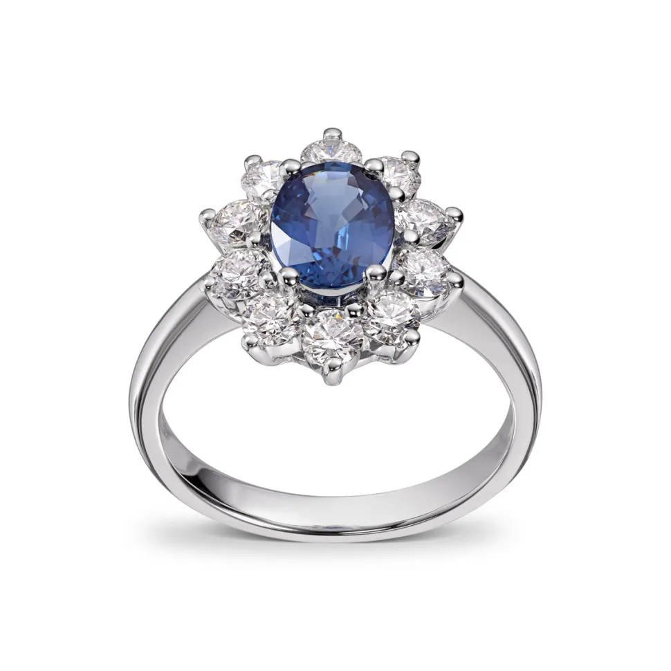 Diamonds by Frisenberg – Rosettring/Dianaring i hvitt gull med safir og diamanter