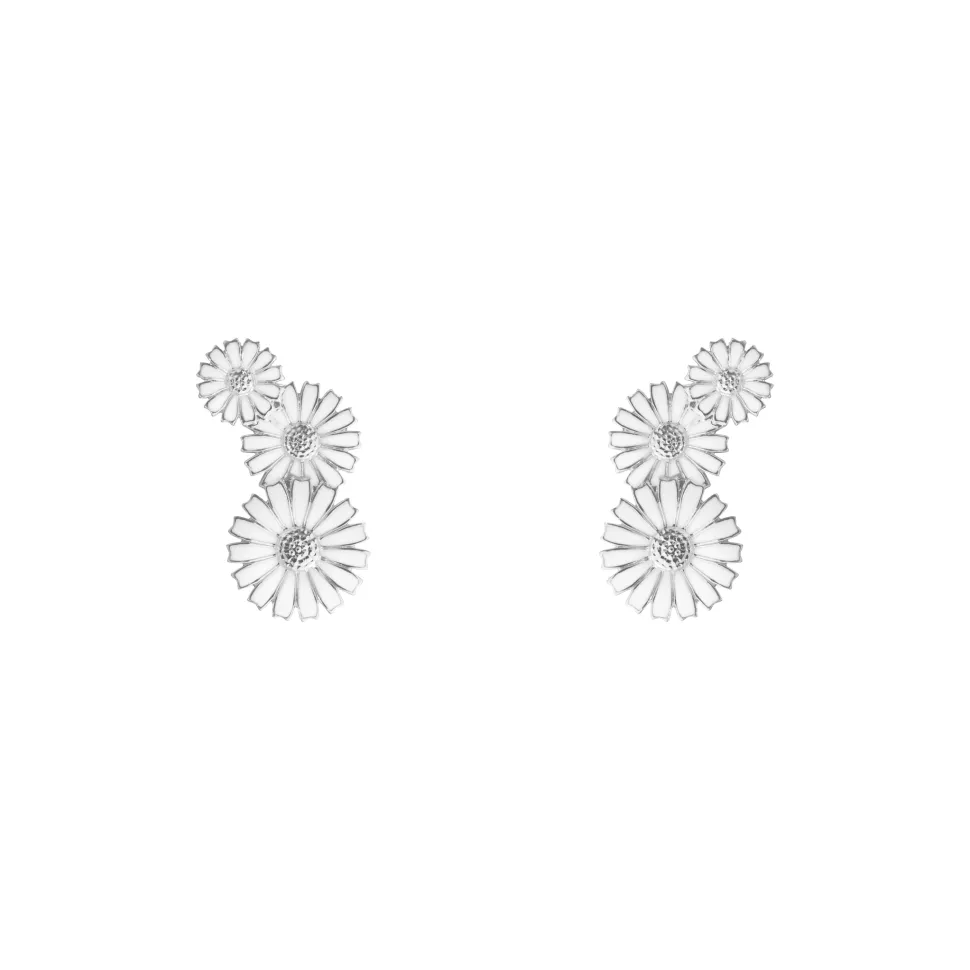 Georg Jensen – Daisy ørepynt med lagvise blomster – Sølv og hvit emalje