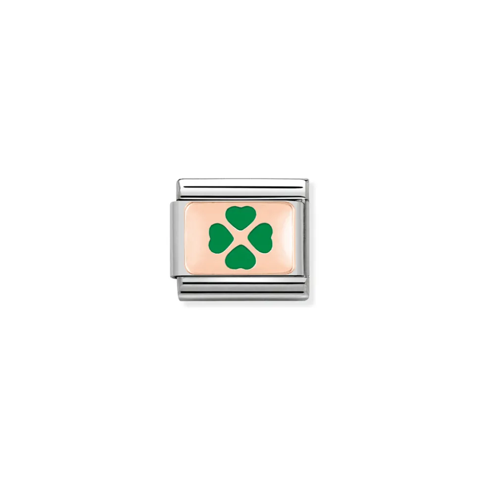 Nomination – Composable Classic PLATES in stainless steel with 9k rose gold and enamel Green Four-Leaf Clover