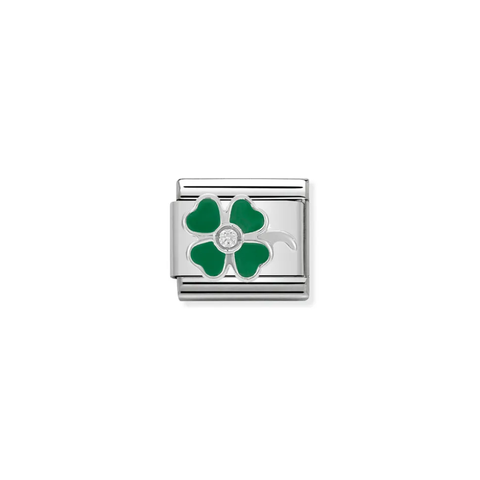 Nomination – Composable CL SIMBOLS stainless steel, enamel, 1 Cub. Zirc and 925 sterling silver GREEN clover