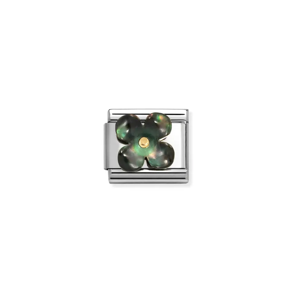 Nomination -Composable Classic STONE SYMBOLS in steel and 750 gold (22_Flower MOTHER OF PEARL BLACK)