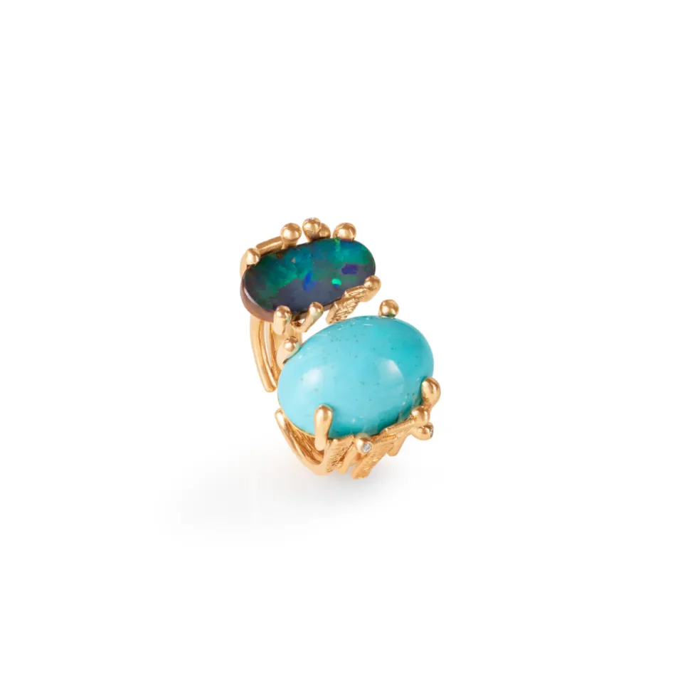 OLE LYNGGAARD COPENHAGEN – BoHo – Ring Dobbel – 18k gult gull med turkis, mørk opal og 0,05 ct diamanter