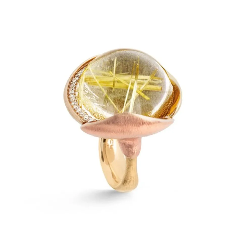 OLE LYNGGAARD COPENHAGEN – Lotus Ring nr 4 i gult gull med roségull, 26 diamanter og rutilkvarts