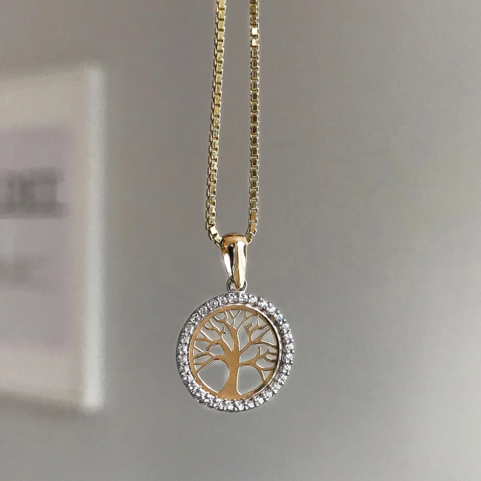 Pan Jewelry – Anheng i gult gull med zirkonia – Livets tre
