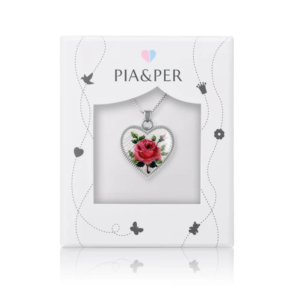 Pia&Per – Anheng i sølv med håndmalt rosemotiv – 21×19 mm