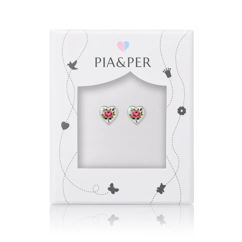 Pia&Per – Hjerte ørepynt i sølv og glassemalje, rosemotiv