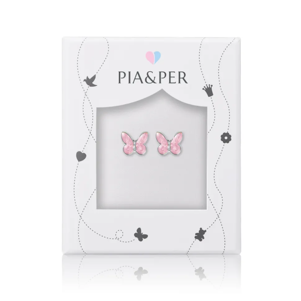 Pia&Per – Ørepynt i sølv med rosa glassemalje, sommerfugl