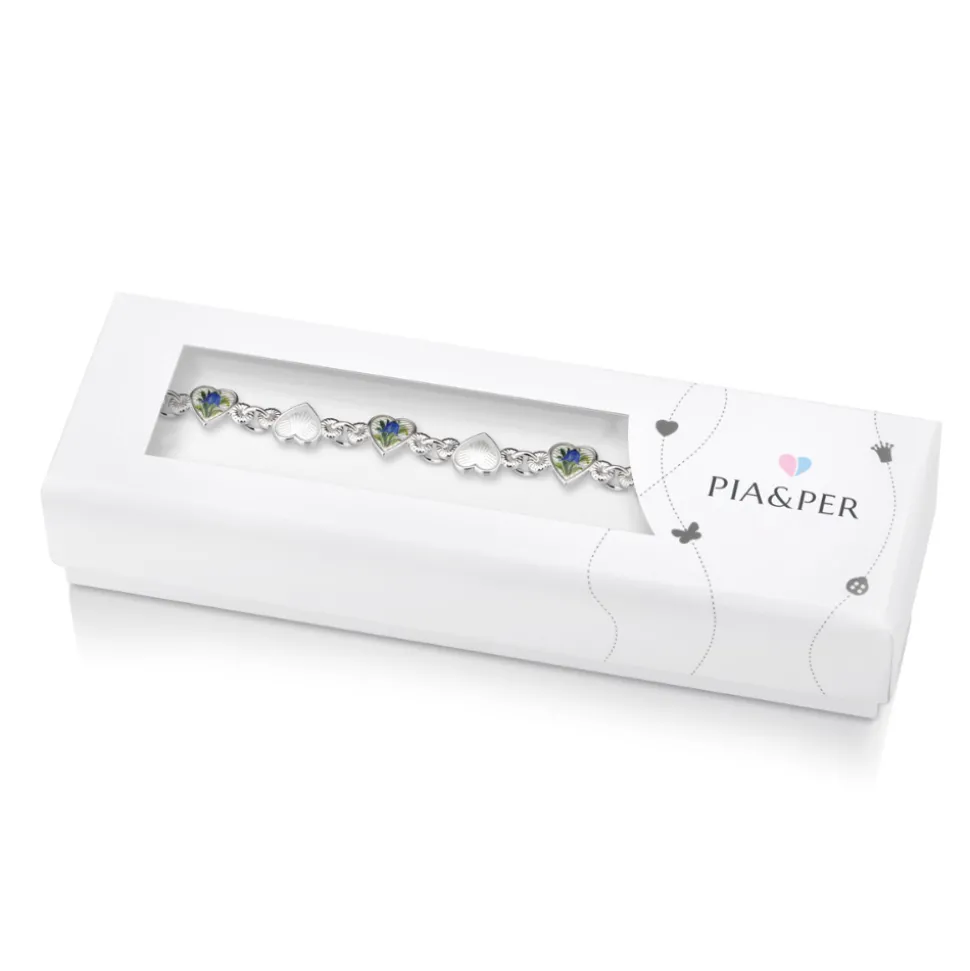 Pia&Per – SØLV – ARMBÅND . HÅNDMALT BLÅKLOKKE/HVIT HJERTE EMALJE