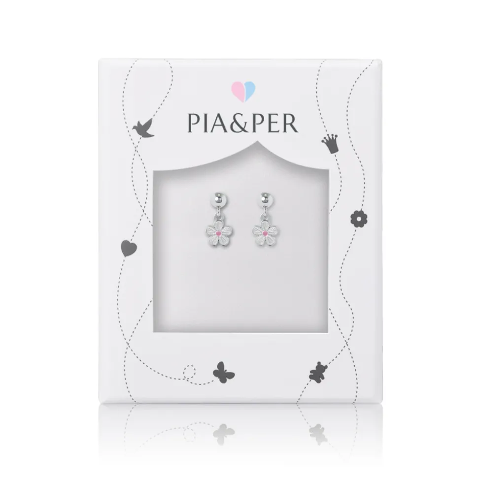 Pia&Per – SØLV – ØREHENG, BLOMST HVIT EMALJE (mini)