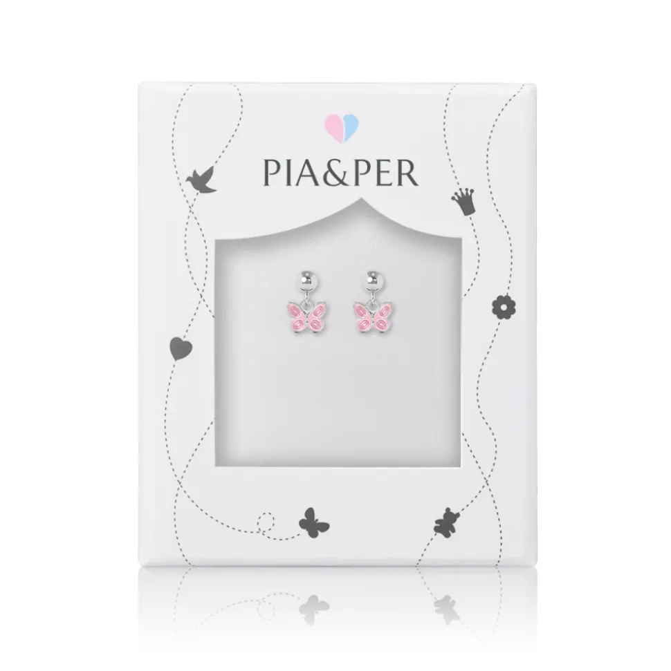 Pia&Per – SØLV – ØREHENG, SOMMERFUGL ROSA EMALJE (mini)