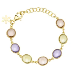 Susanne Friis Bjørner – Armbånd 16-20 cm, forgyldt sølv, 10×12 mm cabochon lemonkvarts, lys ametyst, morganit krystal
