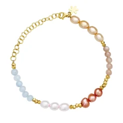 Susanne Friis Bjørner – Armbånd 16-20 cm, forgyldt sølv, facet mellemled, akvamarin, peach månesten, farvede ferskvandsperler