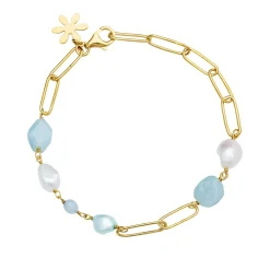 Susanne Friis Bjørner – Armbånd 20 cm, forgyldt sølv, akvamarin, amazonit, ferskvandsperler