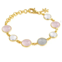 Susanne Friis Bjørner – Armbånd 16-20 cm, forgyldt sølv, 10 og 12 mm facet grå agat, lyserød krystal, bjergkrystal