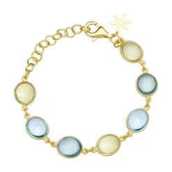 Susanne Friis Bjørner – Armbånd 16-20 cm, forgyldt sølv, 10×12 mm cabochon grøn kvarts, lemonkvarts, syntetisk blå topas