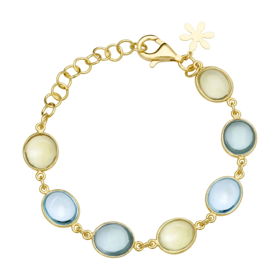 Susanne Friis Bjørner – Armbånd 16-20 cm, forgyldt sølv, 10×12 mm cabochon grøn kvarts, lemonkvarts, syntetisk blå topas