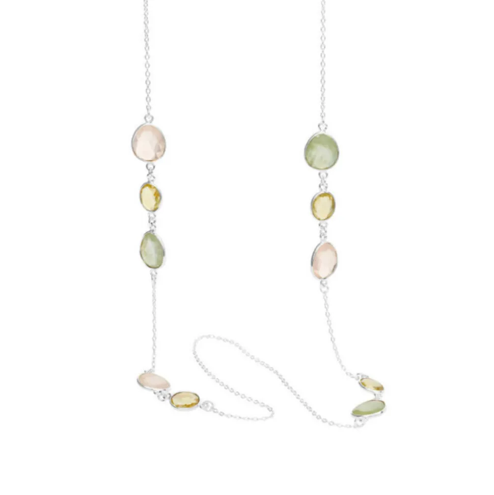 Susanne Friis Bjørner – Langt sølvkjede med rose quartz, lemon quartz og phrenite