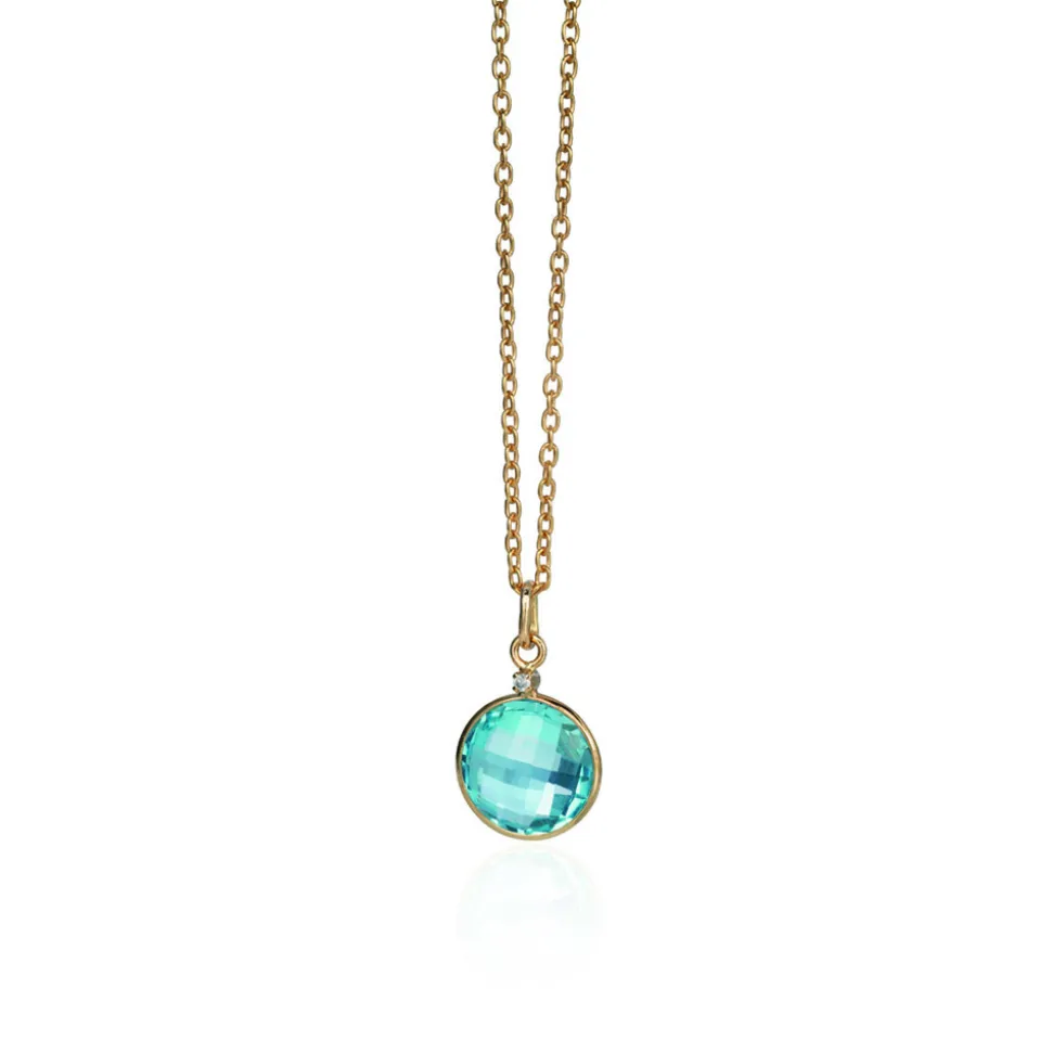 Susanne Friis Bjørner-gult gull-anheng med diamant og blå topas med forgyldt sølvkjede 42 cm